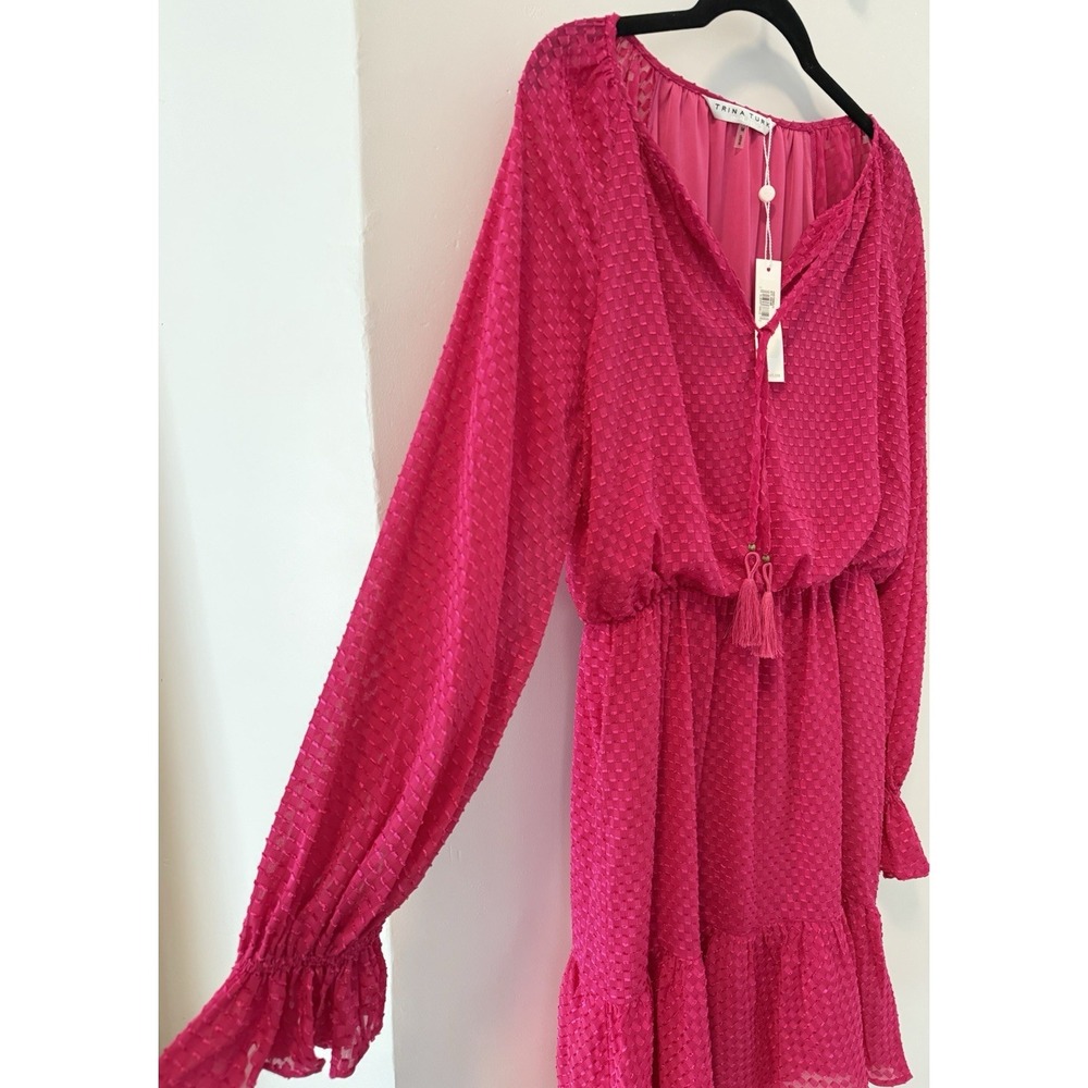 Trina Turk Viti Pink Mini Tiered Long Slv Designer Dress Women's Size M NWT $278 - Picture 6 of 10